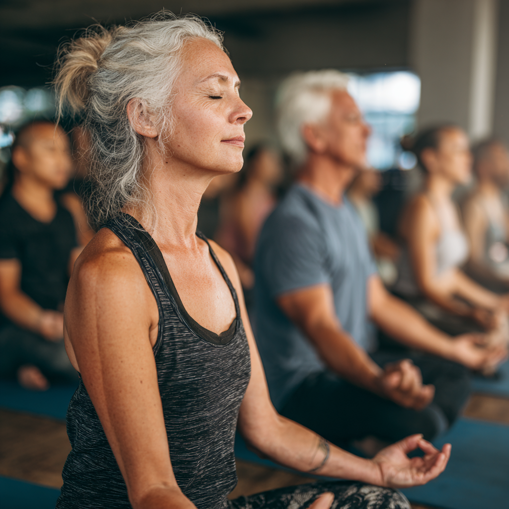 Experienced yoga instructor in her fifties teaching mindful breathing techniques to mature students