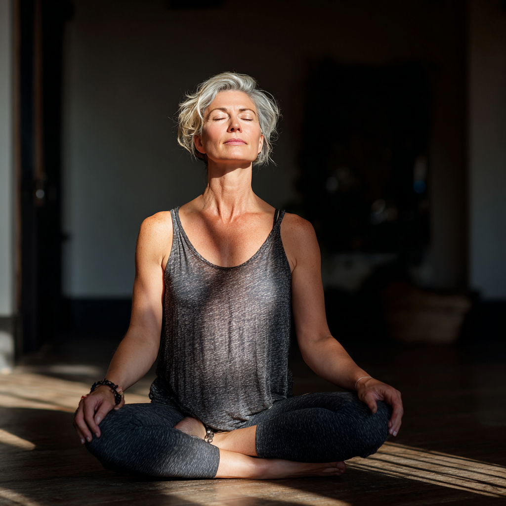 Middle-aged woman practicing mindful yoga meditation in peaceful studio setting